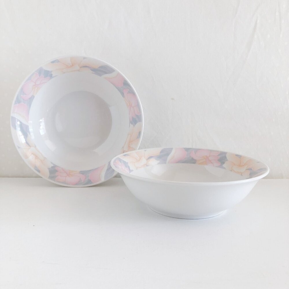Vintage 90s Soup Bowls Pastel Pink Floral Trim